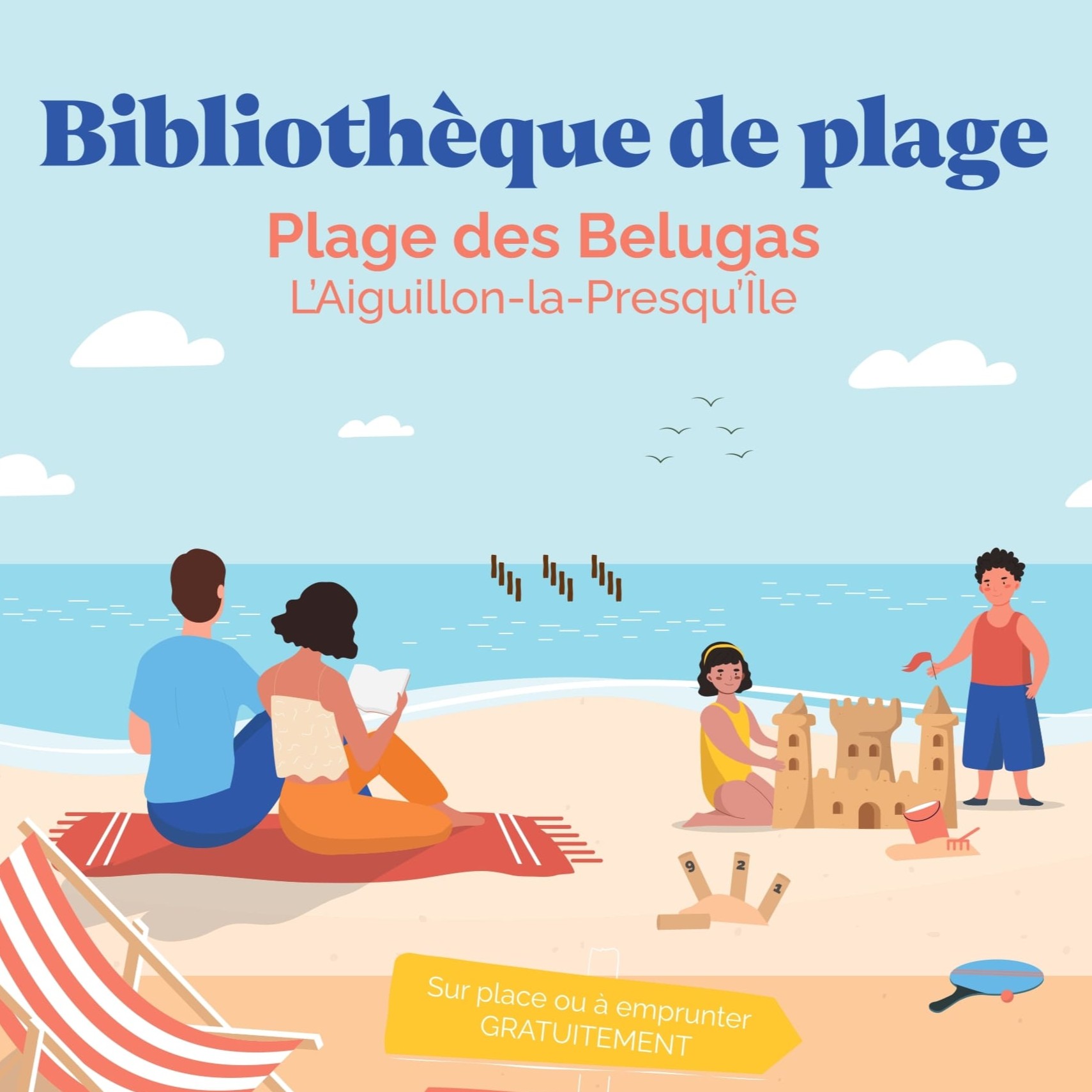 Bibliothèque de plage 2025 : visuel avec familles, jeux, lecture et plage